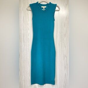 MK MICHAEL Kors Ruffle-Trim Ribbed Knit Sheath Wiggle Dress in Teal Size XS